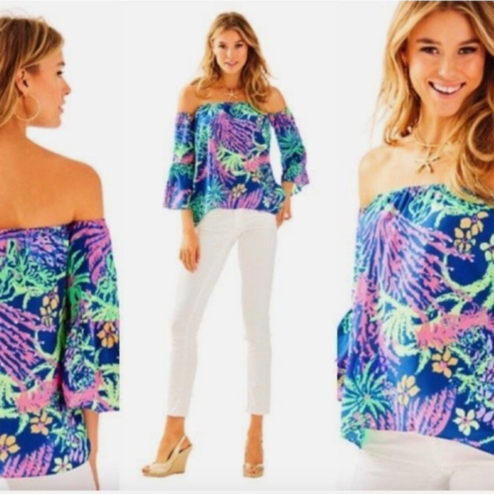 Lilly Pulitzer Sanilla Silk Off The Shoulder "Indigo All A Glow" Print Size S - Picture 1 of 13